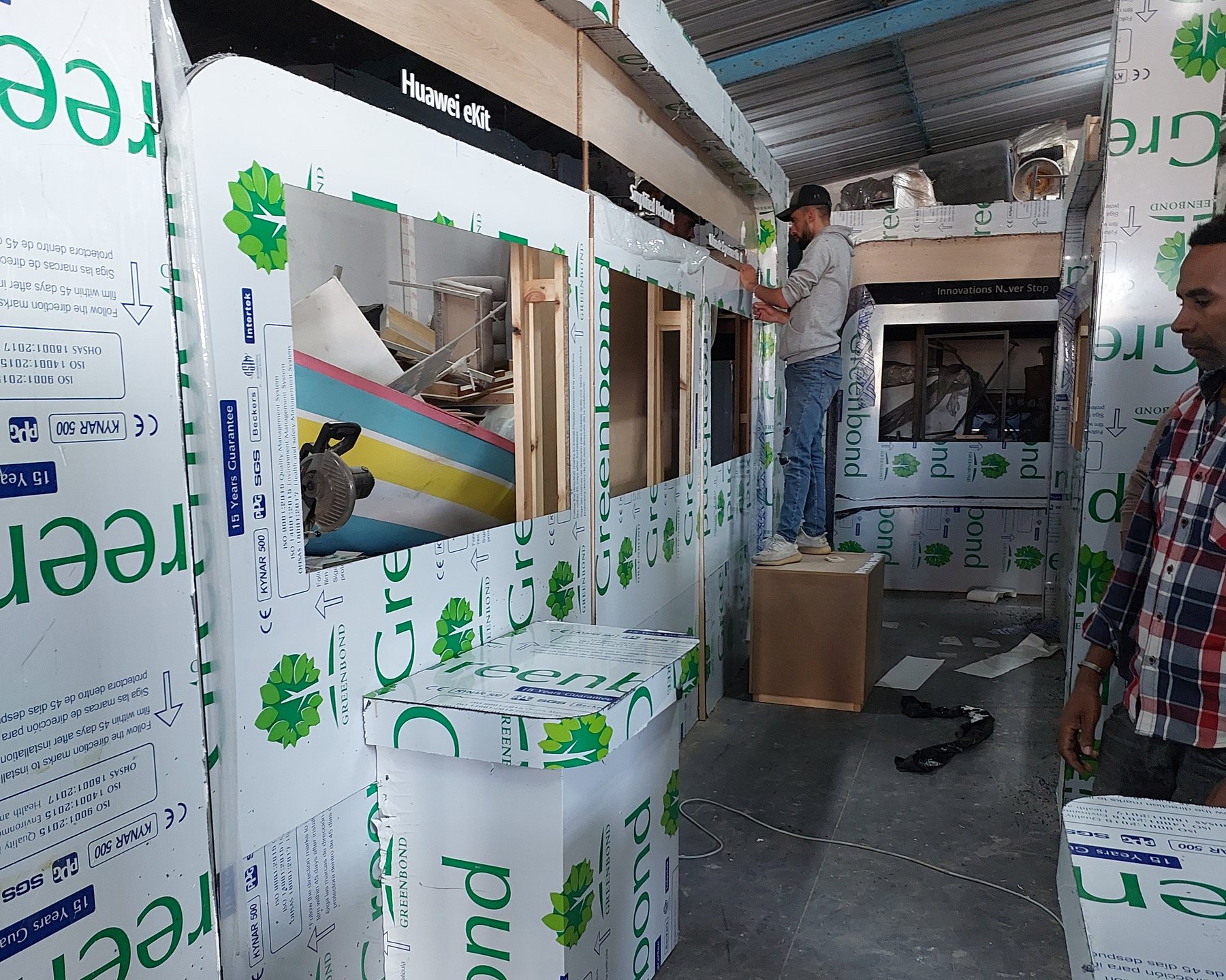 Huawei stand units being built and dry-assembled in the Pubbuilders workshop before GITEX Africa